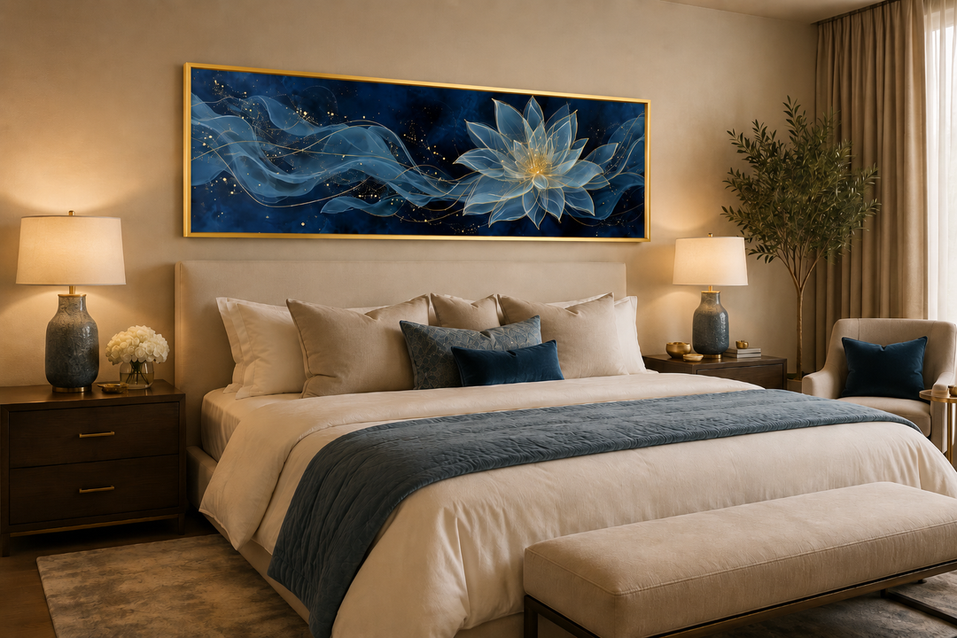 Navy blue and gold minimalist lotus flower canvas wall art hanging above a bed in a modern bedroom.