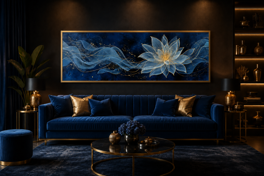 Navy blue and gold minimalist lotus flower canvas wall art above a velvet sofa in a modern room.