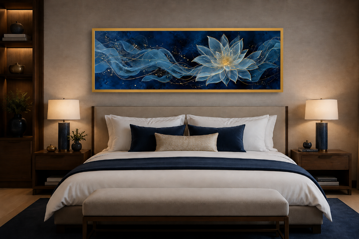 Navy blue and gold minimalist lotus flower canvas wall art hanging above a bed in a modern bedroom.