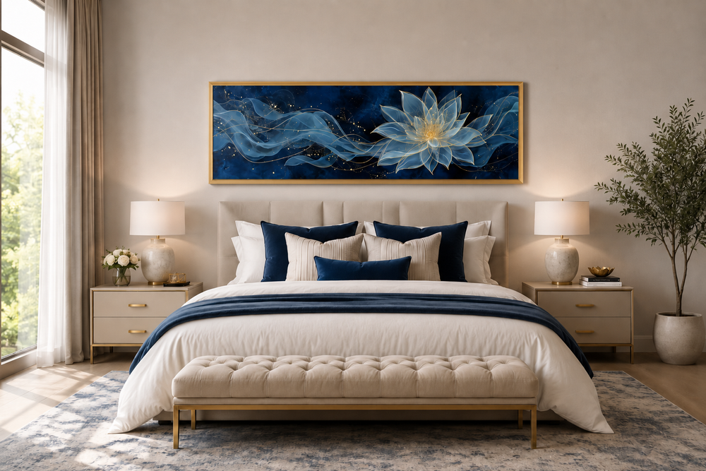 Navy blue and gold minimalist lotus flower canvas wall art hanging above a bed in a bedroom.