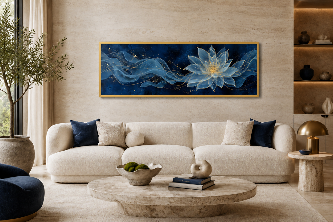 Navy blue and gold minimalist lotus flower canvas wall art in a long horizontal frame above a sofa.