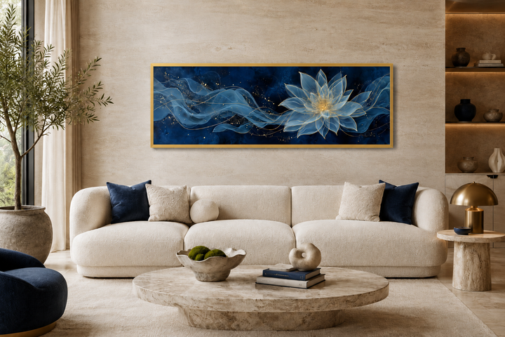 Navy blue and gold minimalist lotus flower canvas wall art in a long horizontal frame above a sofa.