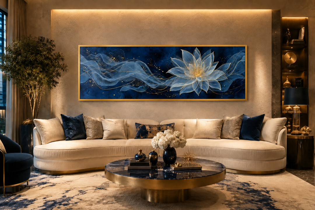 Navy blue and gold minimalist lotus flower canvas wall art above a cream sofa in a modern room.