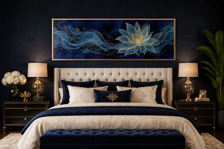 Navy blue and gold minimalist lotus flower canvas wall art hanging above a bed in a bedroom.