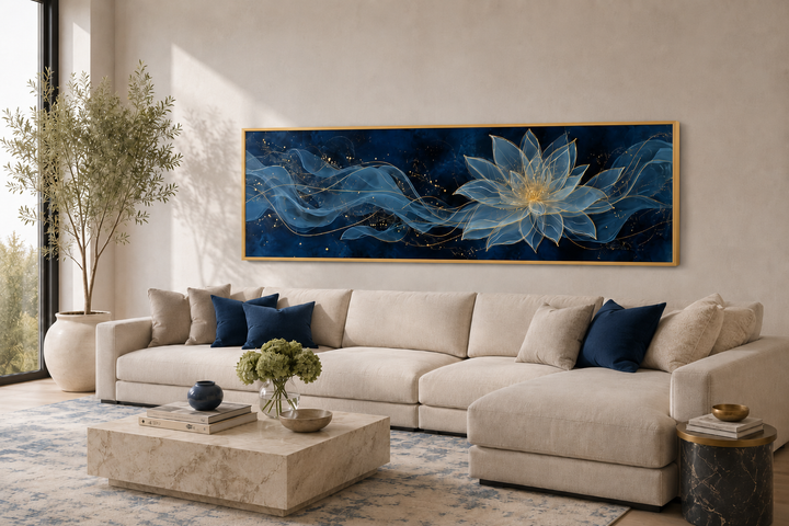 Navy blue and gold minimalist lotus flower canvas wall art hanging above a beige sectional sofa.