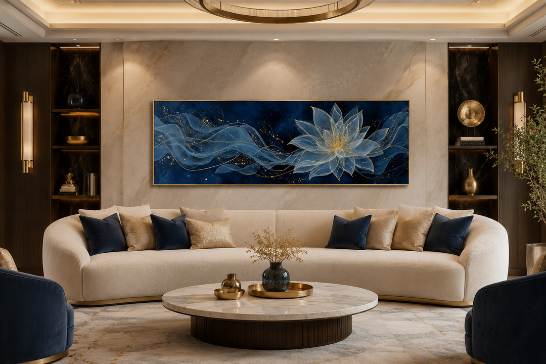 Navy blue and gold minimalist lotus flower canvas wall art above a cream sofa in a modern room.