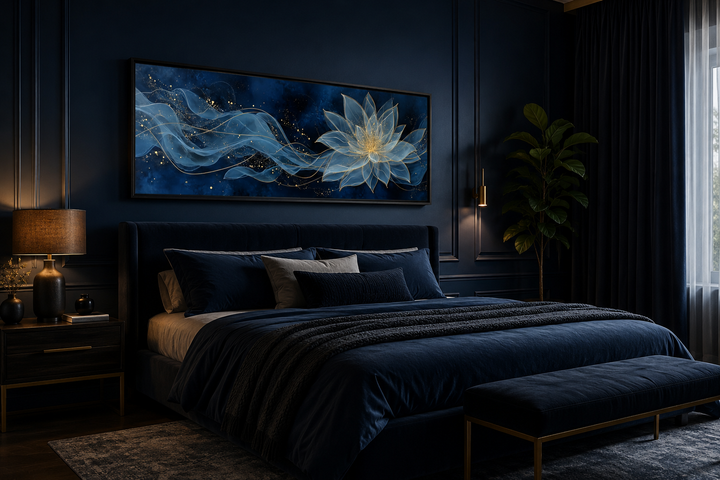 Navy blue and gold minimalist lotus flower canvas wall art hanging above a bed in a dark bedroom.