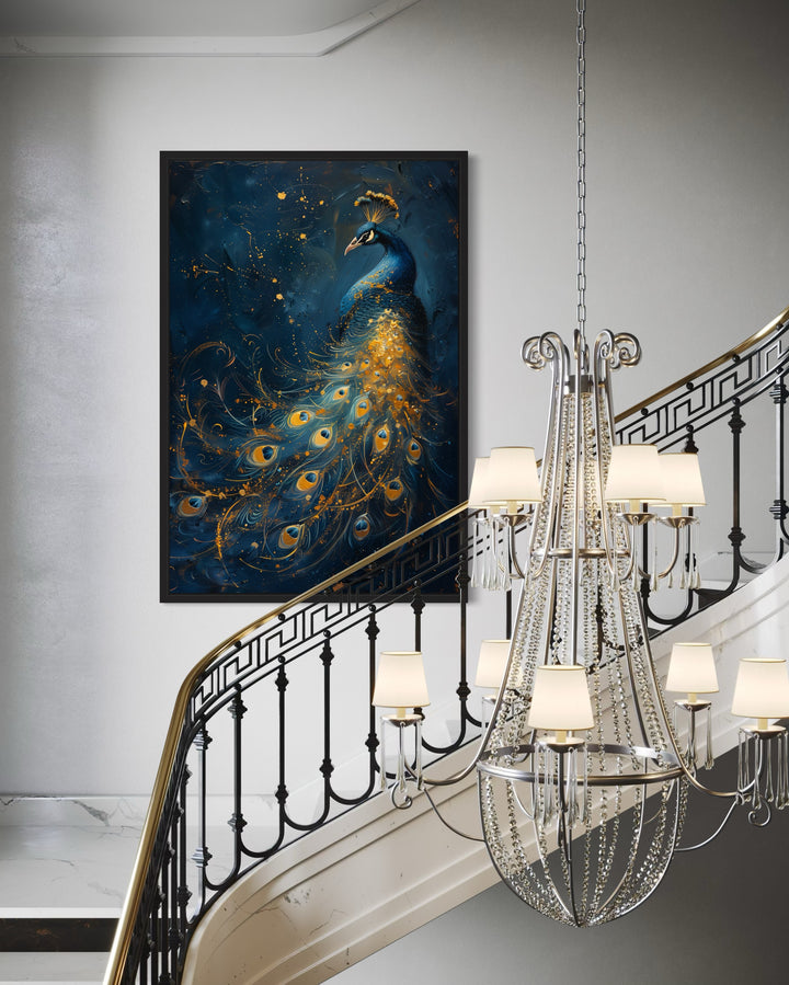 Navy Blue Gold Peacock Framed Canvas Wall Art