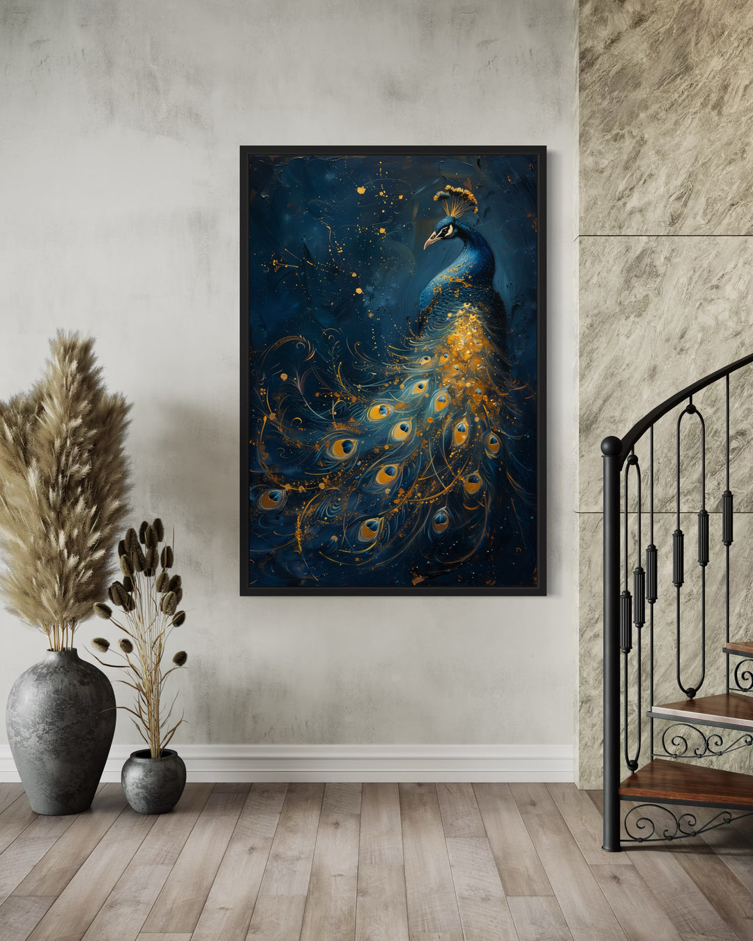 Navy Blue Gold Peacock Framed Canvas Wall Art