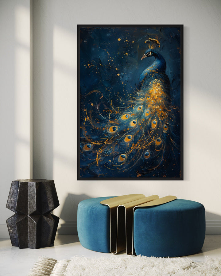 Navy Blue Gold Peacock Framed Canvas Wall Art