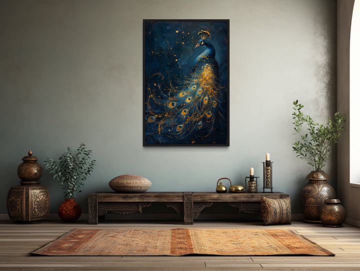 Navy Blue Gold Peacock Framed Canvas Wall Art