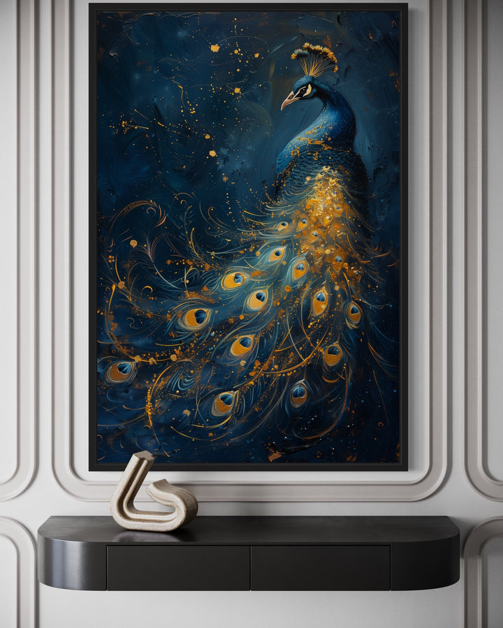 Navy Blue Gold Peacock Framed Canvas Wall Art