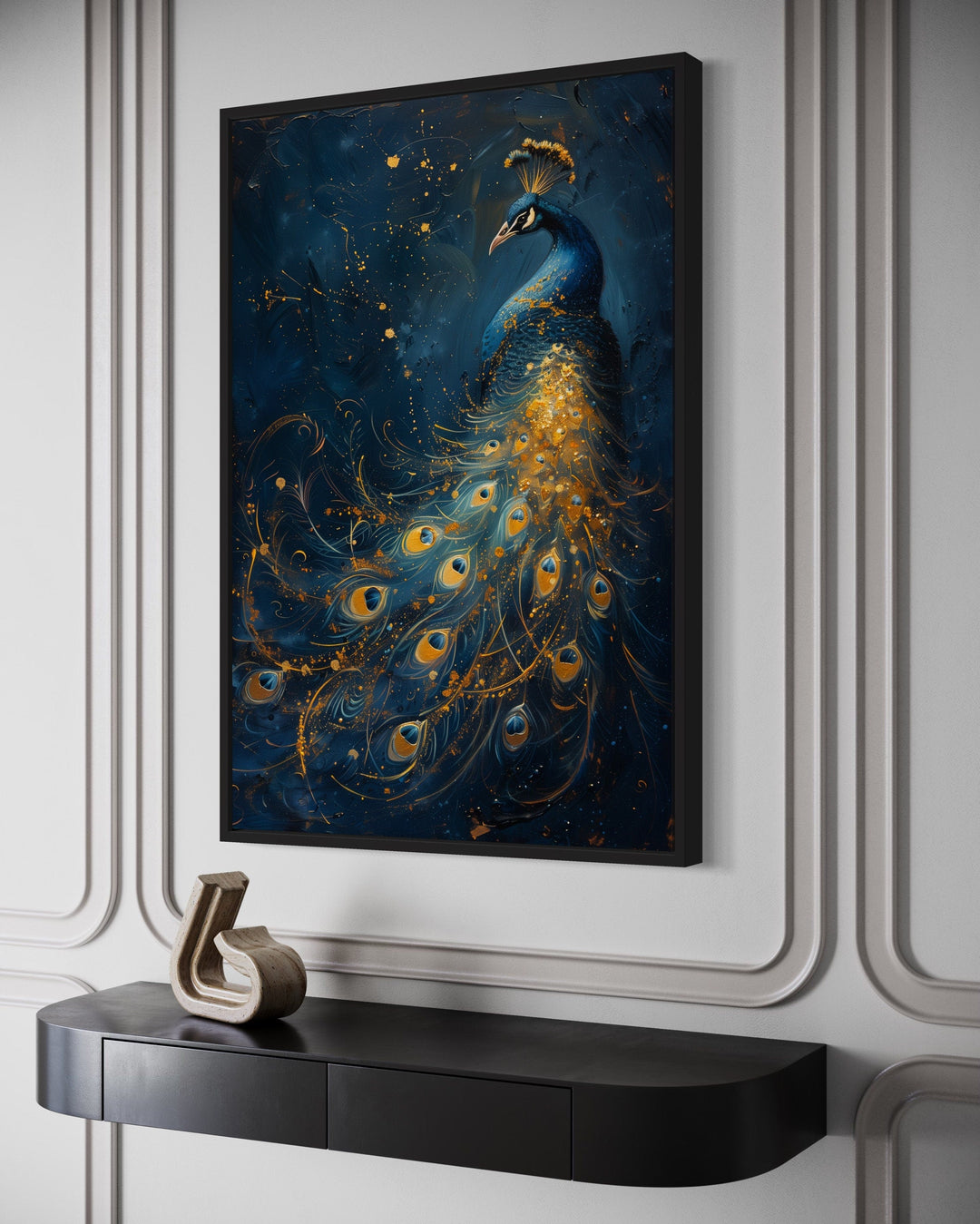 Navy Blue Gold Peacock Framed Canvas Wall Art