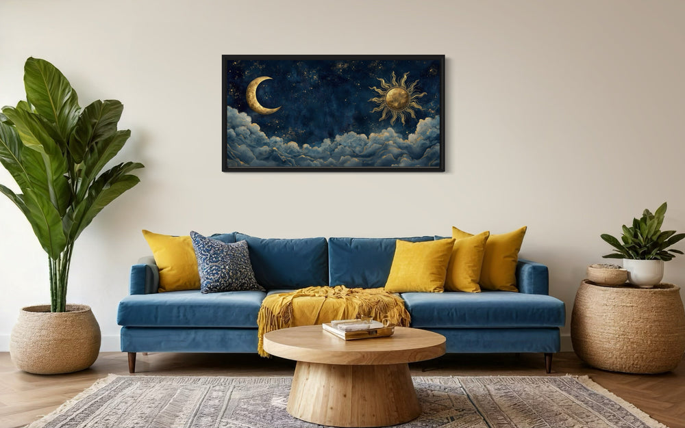 Navy Blue Gold Sun And Moon Celestial Framed Canvas Wall Art