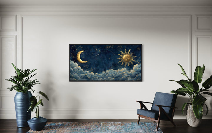 Navy Blue Gold Sun And Moon Celestial Framed Canvas Wall Art