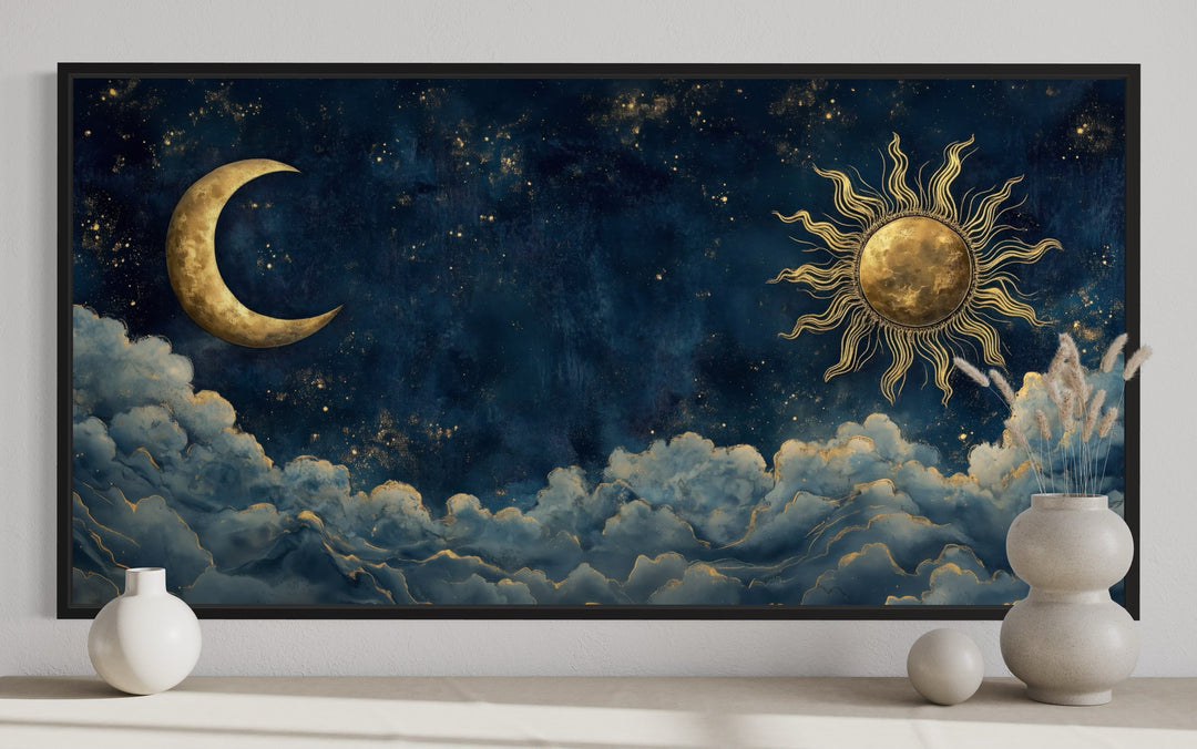 Navy Blue Gold Sun And Moon Celestial Framed Canvas Wall Art