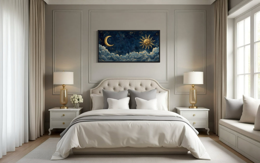 Navy Blue Gold Sun And Moon Celestial Framed Canvas Wall Art