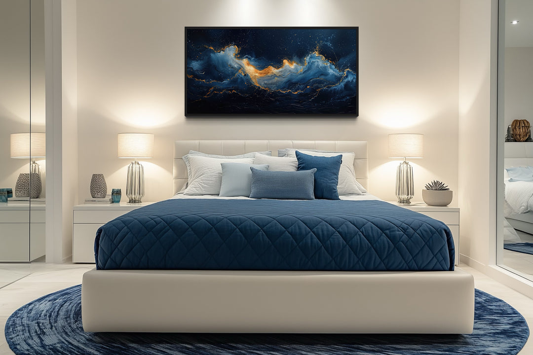 Navy Blue Gold Wall Art – Abstract Ocean Wave Canvas | Modern Coastal Decor