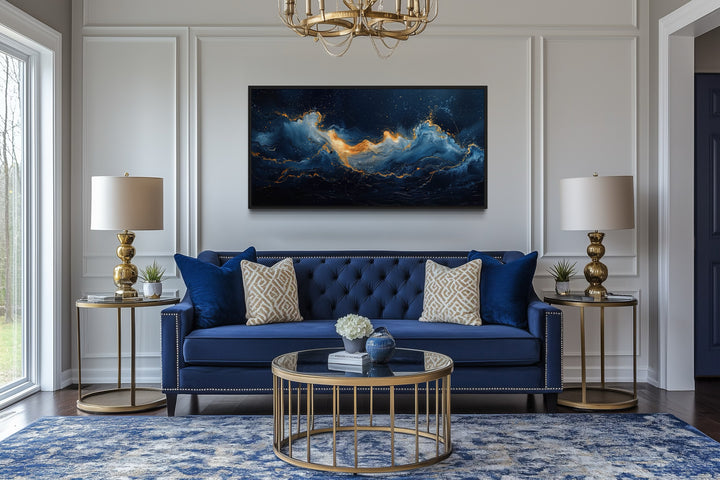 Navy Blue Gold Wall Art – Abstract Ocean Wave Canvas | Modern Coastal Decor