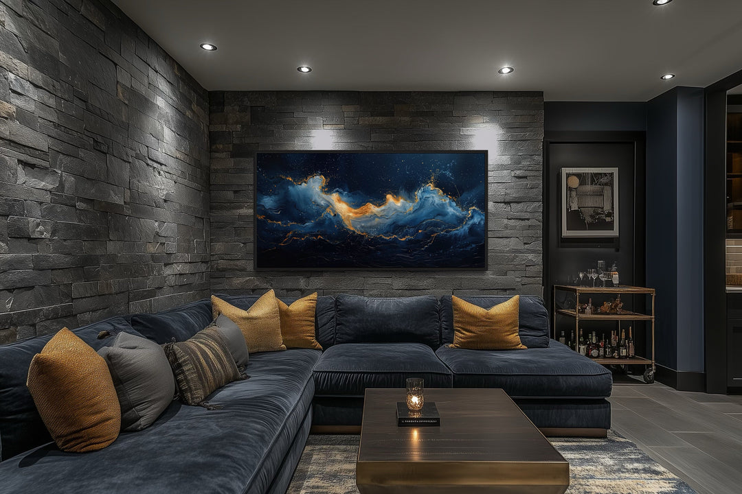 Navy Blue Gold Wall Art – Abstract Ocean Wave Canvas | Modern Coastal Decor