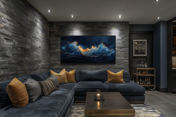 Navy Blue Gold Wall Art – Abstract Ocean Wave Canvas | Modern Coastal Decor