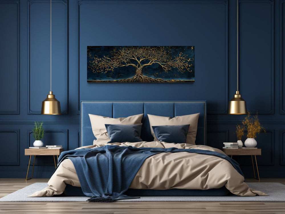 Navy Blue Gold Yggdrasil Panoramic Framed Canvas Wall Art above bed