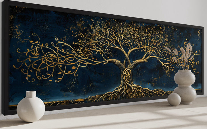 Navy Blue Gold Yggdrasil Panoramic Framed Canvas Wall Art