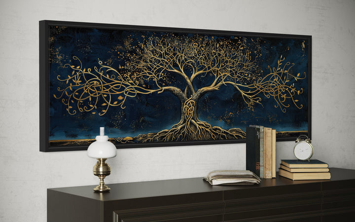 Navy Blue Gold Yggdrasil Panoramic Framed Canvas Wall Art