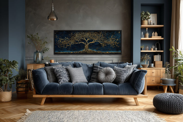 Navy Blue Gold Yggdrasil Panoramic Framed Canvas Wall Art