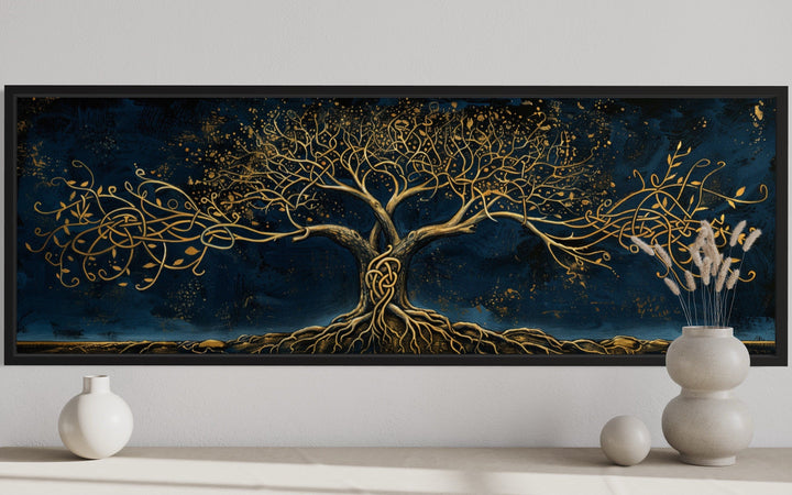 Navy Blue Gold Yggdrasil Panoramic Framed Canvas Wall Art