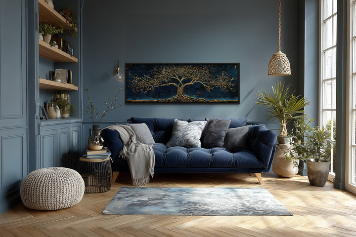 Navy Blue Gold Yggdrasil Panoramic Framed Canvas Wall Art