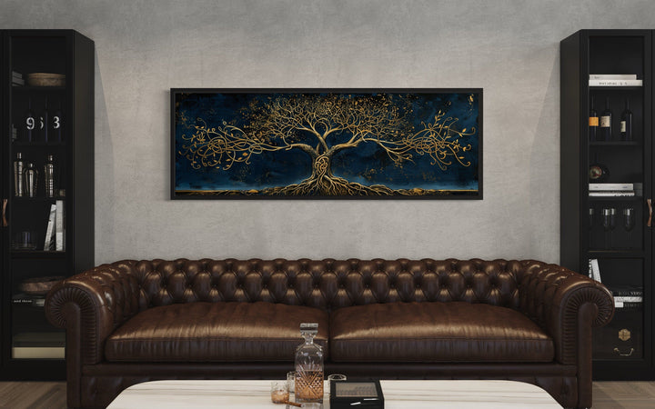 Navy Blue Gold Yggdrasil Panoramic Framed Canvas Wall Art