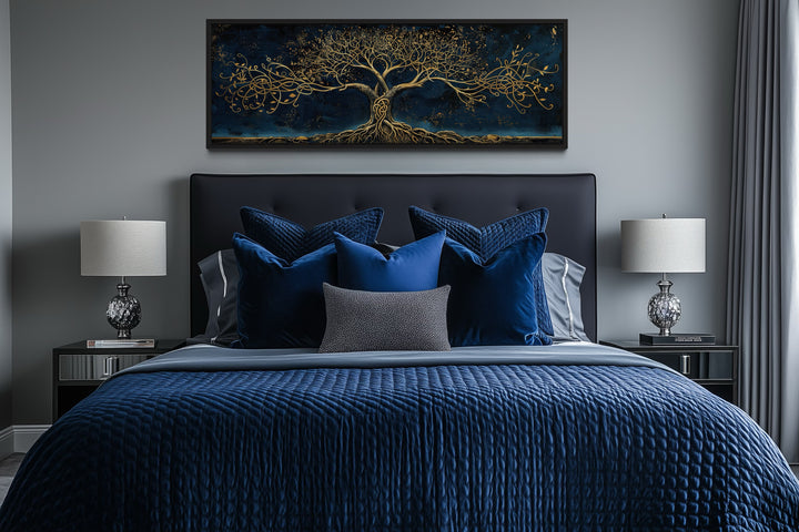 Navy Blue Gold Yggdrasil Panoramic Framed Canvas Wall Art