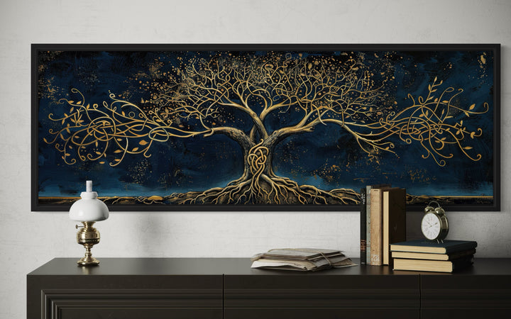 Navy Blue Gold Yggdrasil Panoramic Framed Canvas Wall Art