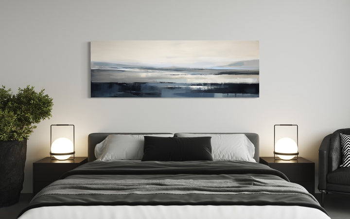 Navy Blue Grey Abstract Ocean Long Horizontal Above Bed Wall Art