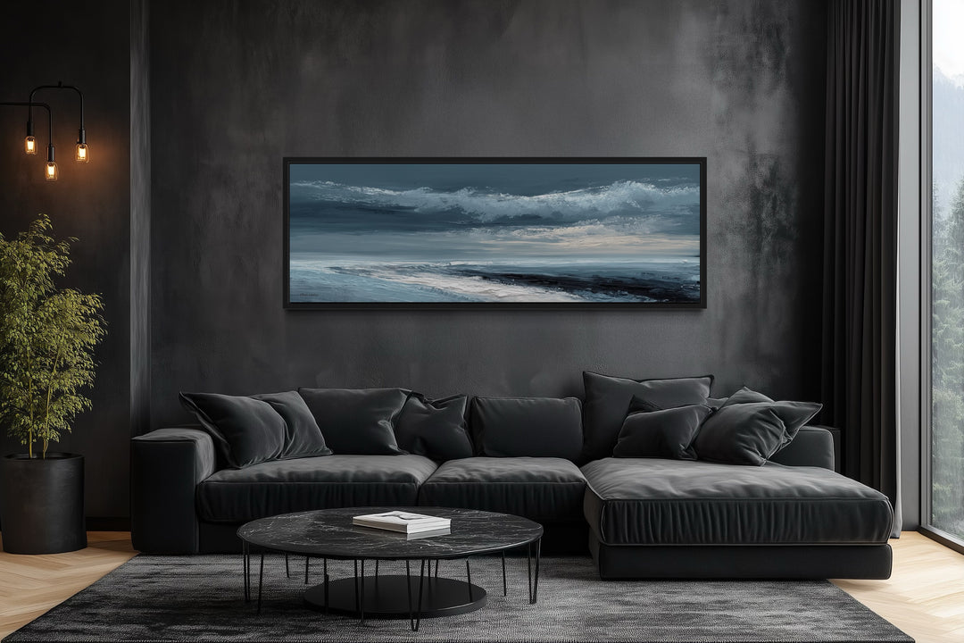 Navy Blue Grey Abstract Ocean Long Horizontal Above Bed Wall Art