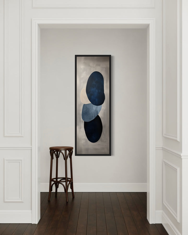 Navy Blue Grey Beige Shapes Vertical Narrow Canvas Wall Art