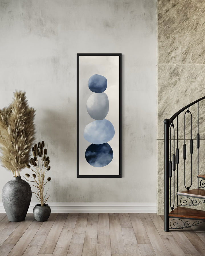 Navy Blue Grey Beige Shapes Vertical Narrow Canvas Wall Art