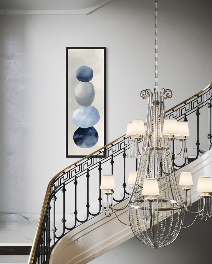 Navy Blue Grey Beige Shapes Vertical Narrow Canvas Wall Art