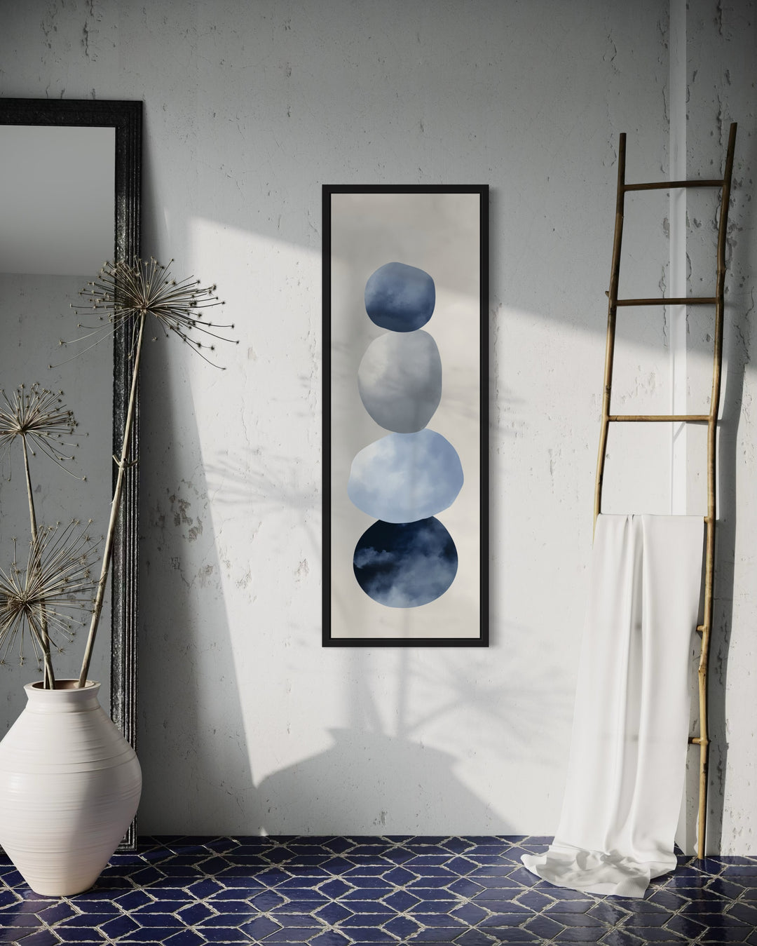 Navy Blue Grey Beige Shapes Vertical Narrow Canvas Wall Art