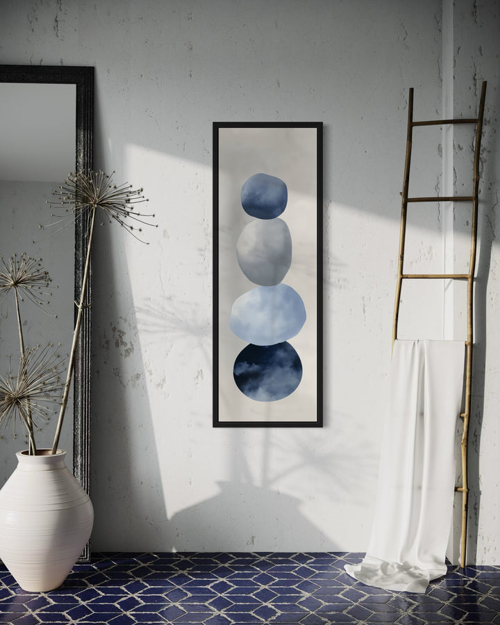 Navy Blue Grey Beige Shapes Vertical Narrow Canvas Wall Art
