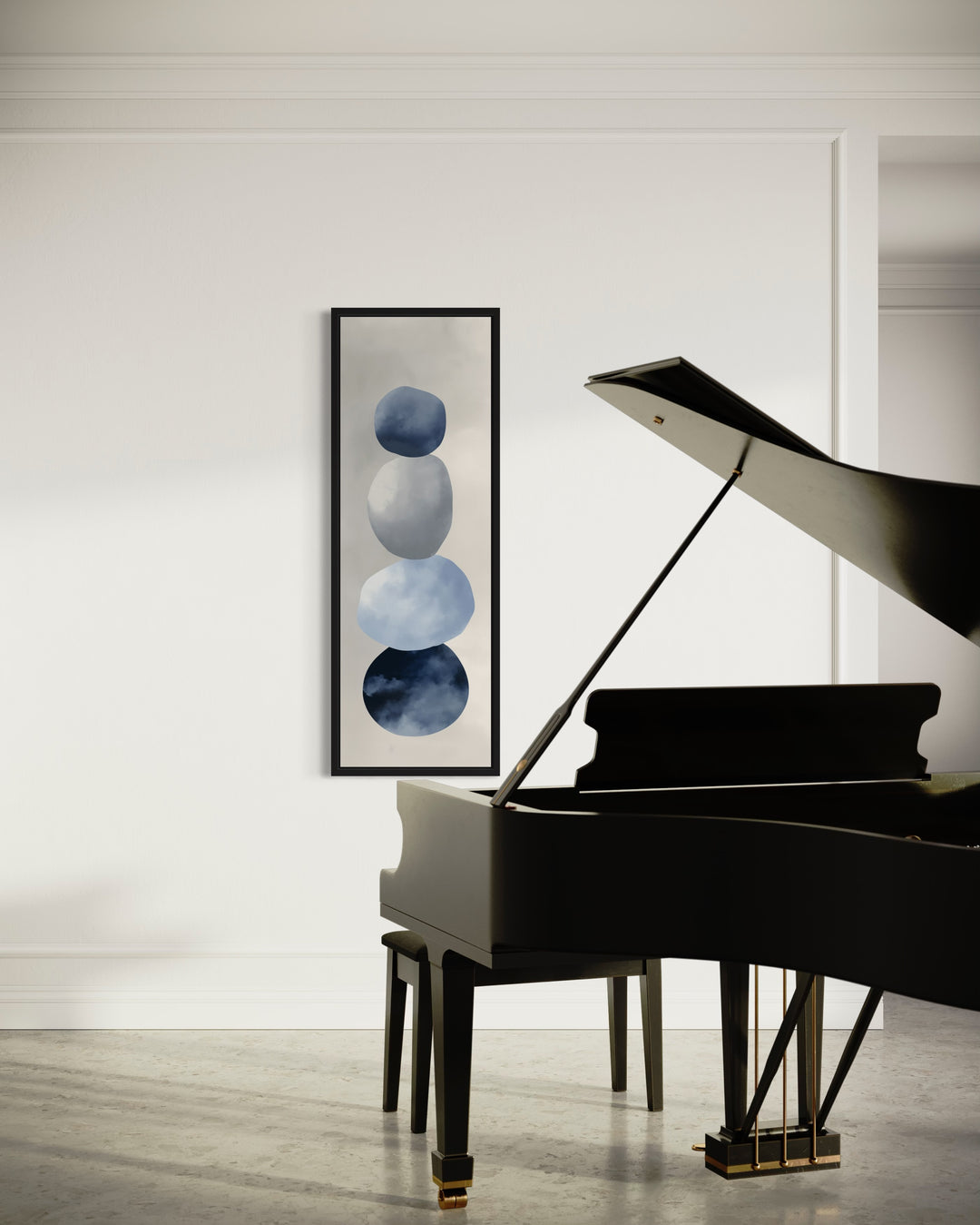 Navy Blue Grey Beige Shapes Vertical Narrow Canvas Wall Art