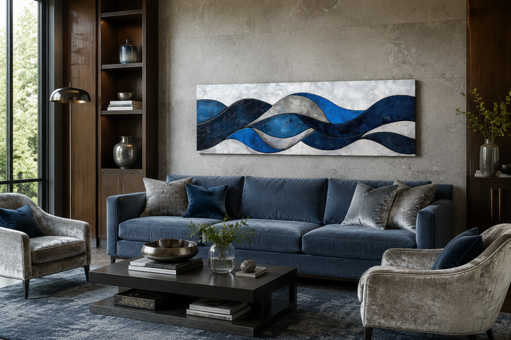Navy blue and grey geometric modern abstract canvas wall art displayed above a sofa in a living room