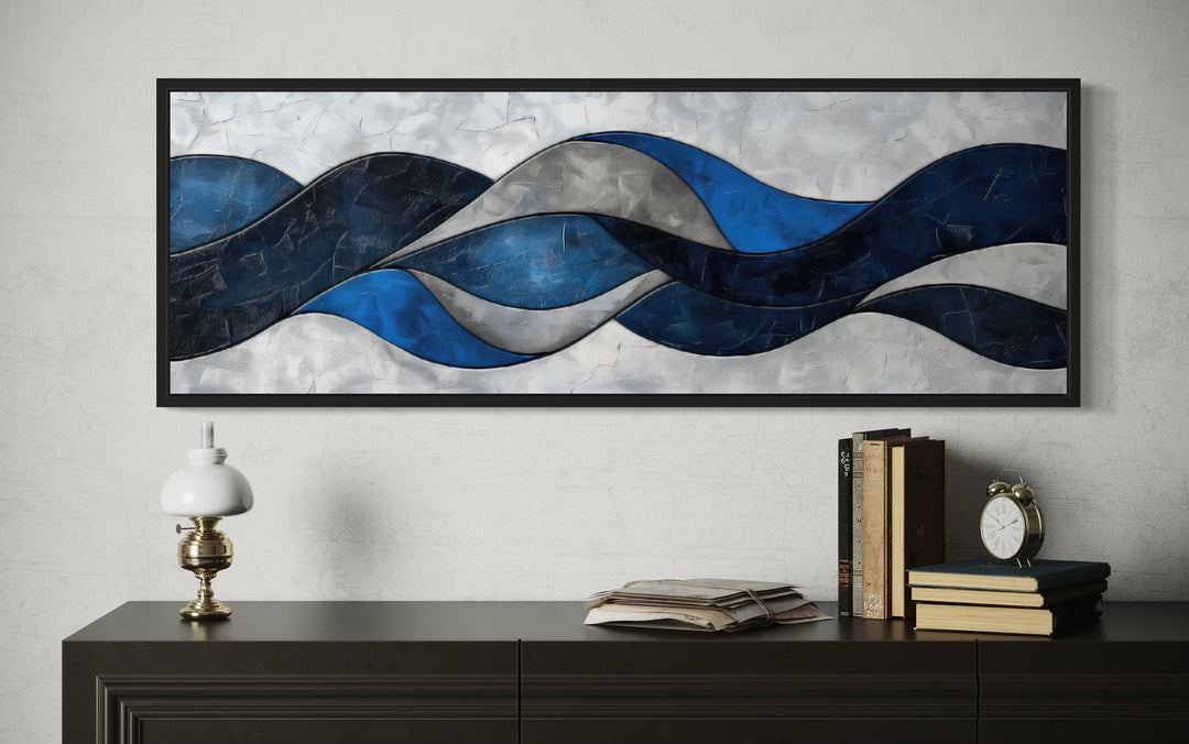 Navy Blue Grey Geometric Modern Abstract Above Bed Canvas Wall Art