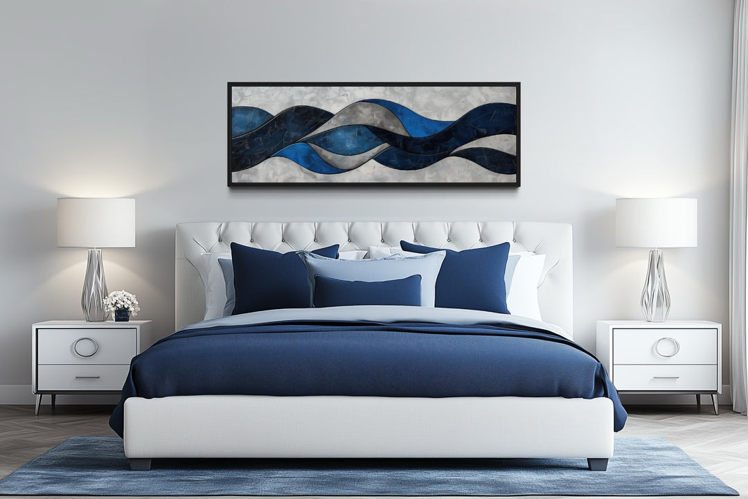 Navy Blue Grey Geometric Modern Abstract Above Bed Canvas Wall Art