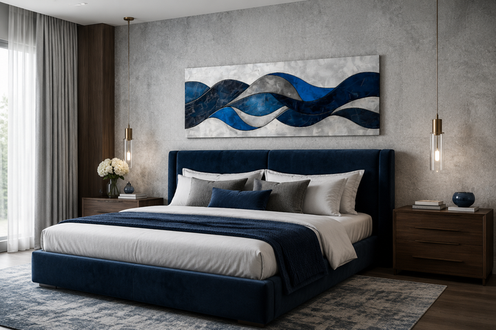Navy blue and grey geometric abstract canvas wall art displayed above a bed in a modern bedroom.