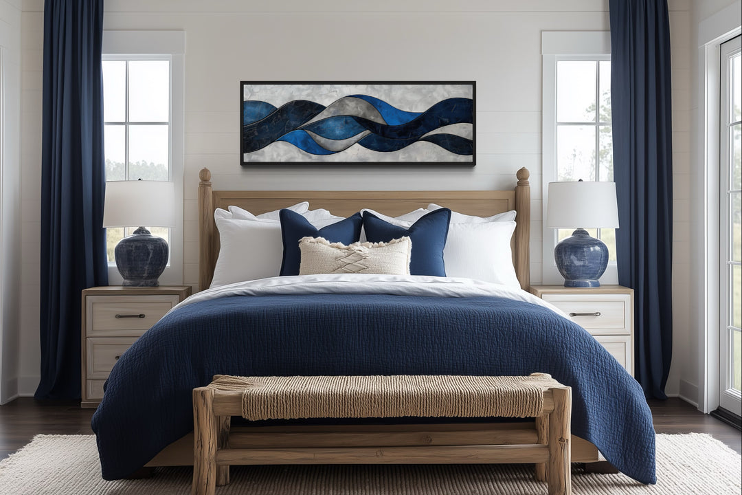 Navy Blue Grey Geometric Modern Abstract Above Bed Canvas Wall Art