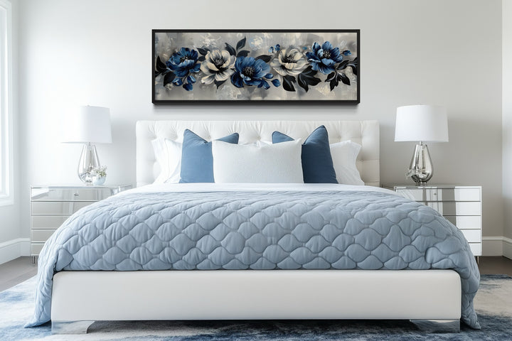 Navy Blue Grey White Floral Above Bed Horizontal Framed Canvas Wall Art