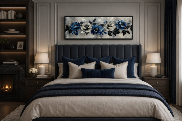 Navy Blue Grey White Floral Above Bed Horizontal Framed Canvas Wall Art