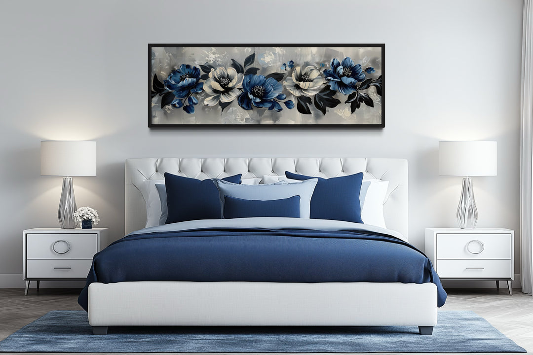 Navy Blue Grey White Floral Above Bed Horizontal Framed Canvas Wall Art